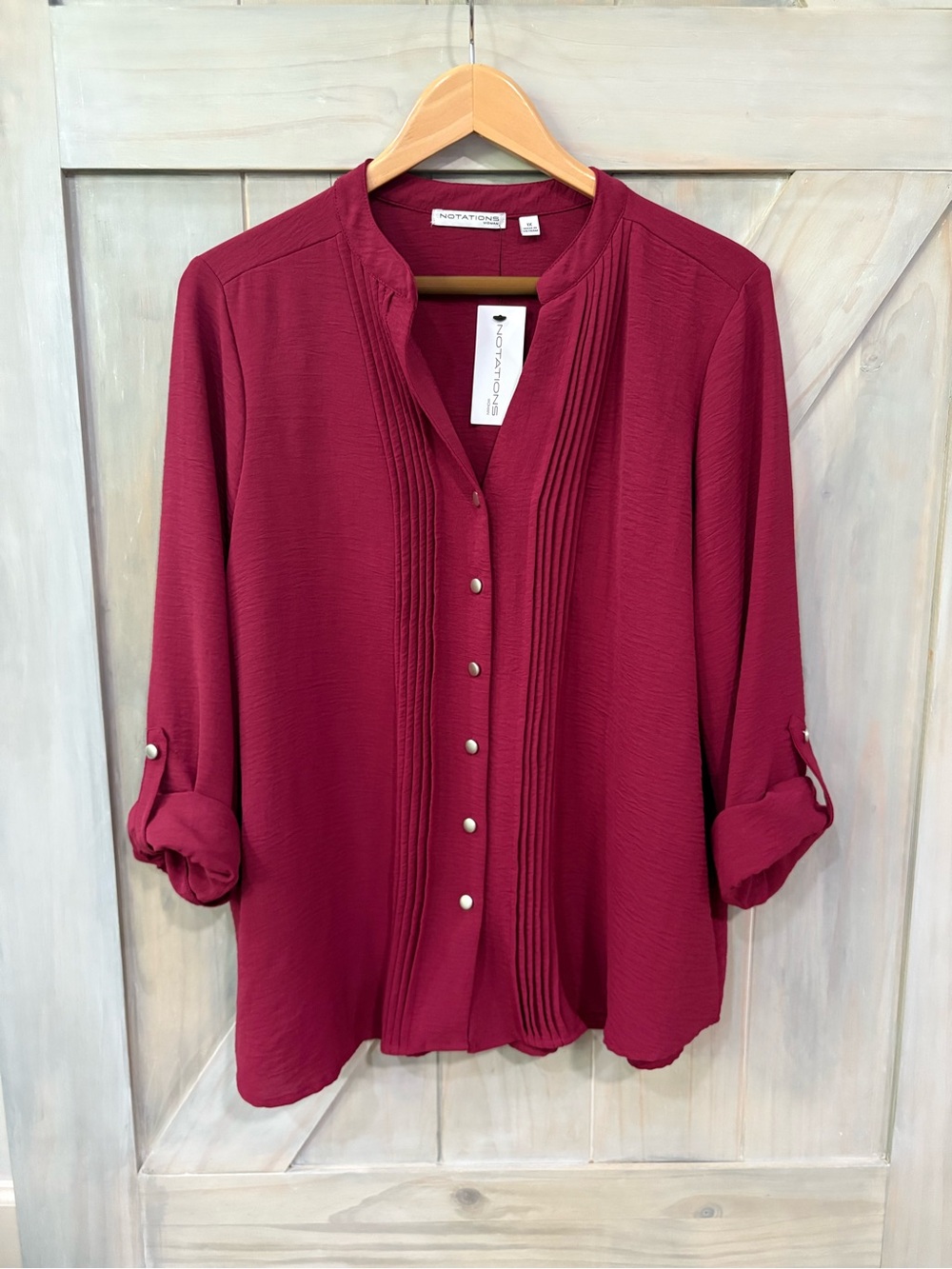 Notations Burgendy Pintuck Long Sleeve Button-Front Blouse